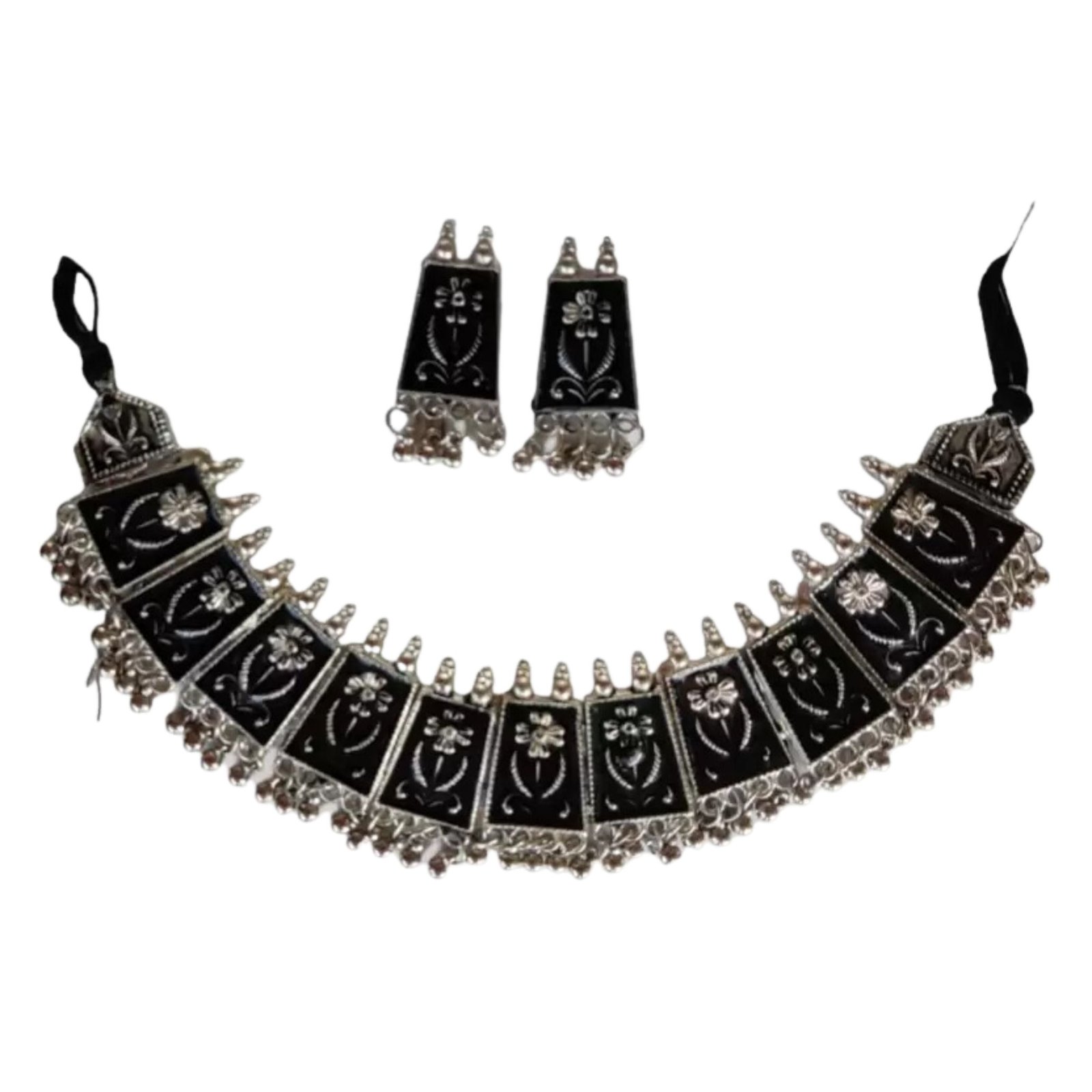 grabwhole Oxidised Silver, Alloy Silver, Black Jewel Set (Pack of 1)