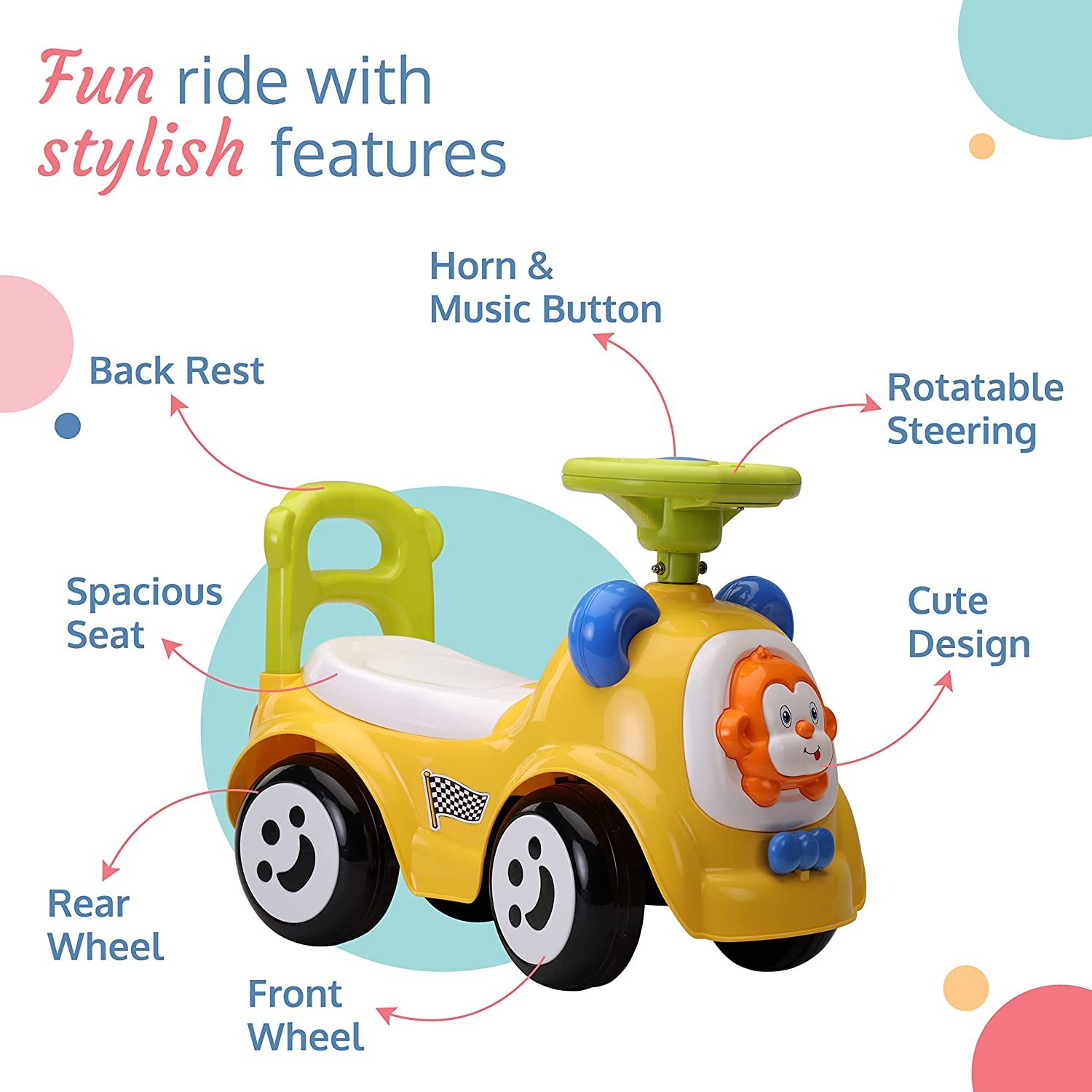 Kid's Ride-On Car: Music, Steering Horn, Backrest, Safety Guard, Storage, Big Wheels (1-3 Years, Up to 25 kg) - Image 2