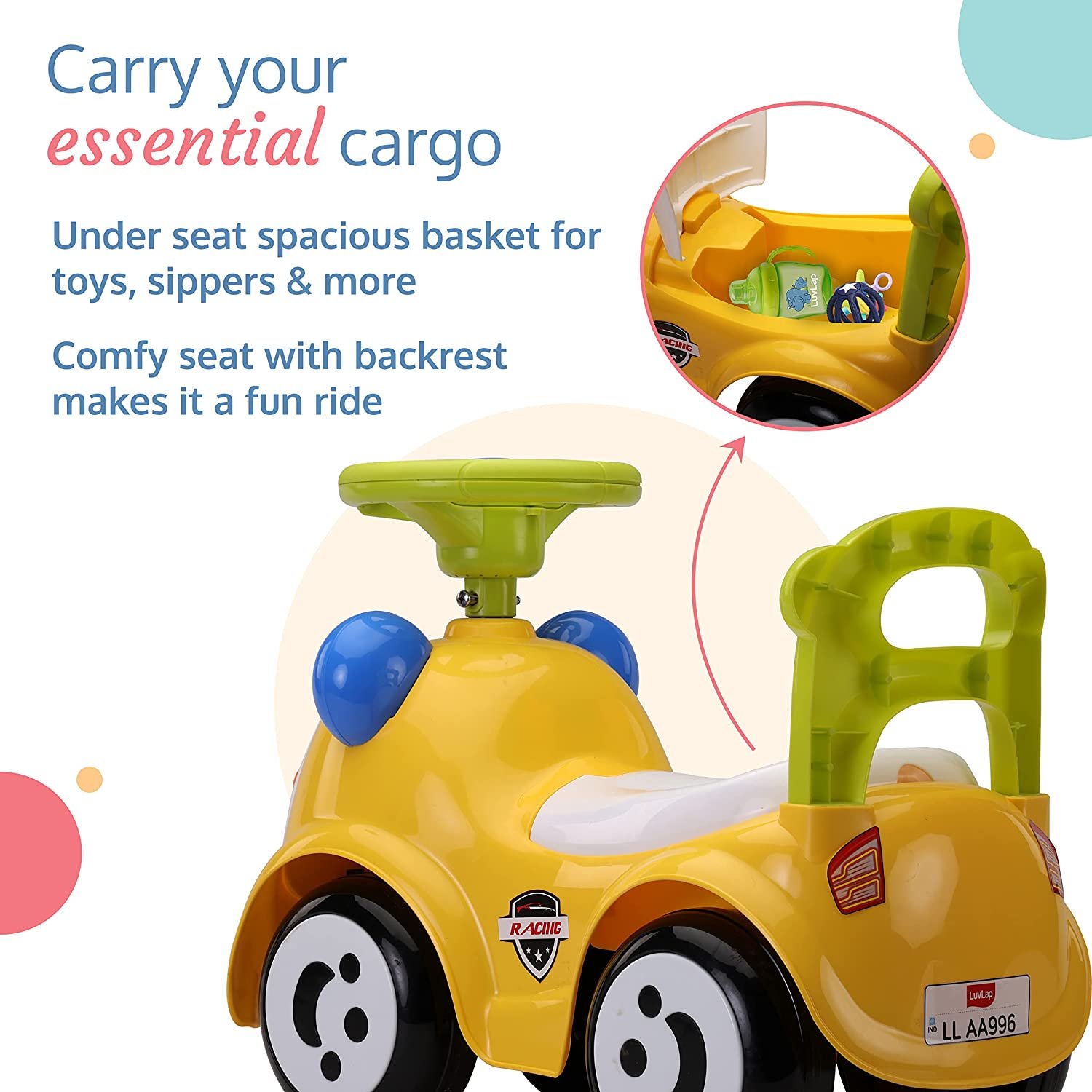 Kid's Ride-On Car: Music, Steering Horn, Backrest, Safety Guard, Storage, Big Wheels (1-3 Years, Up to 25 kg) - Image 4