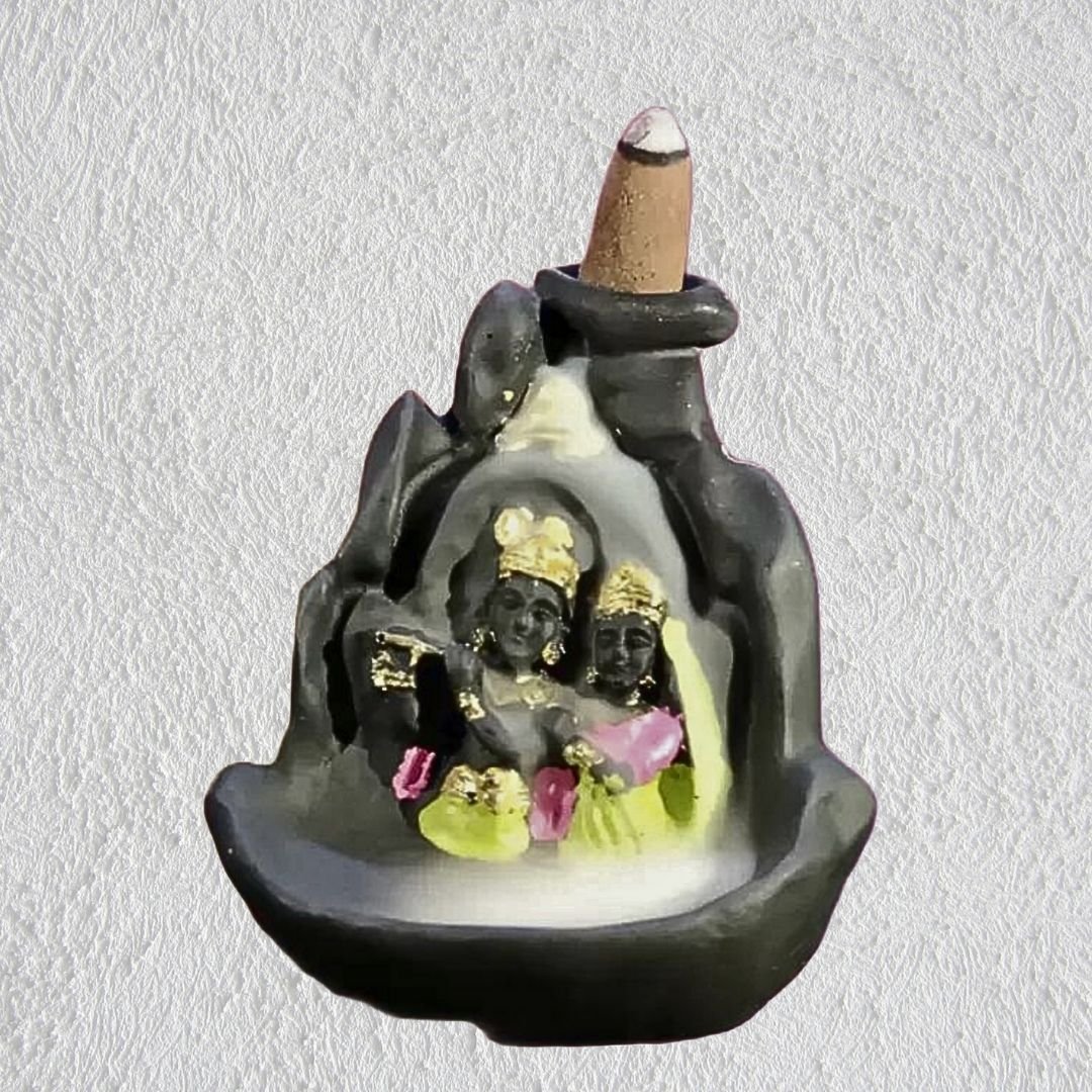 Shree Radha Krishna Smoke Fountain Backflow Incense Holder with 10 Free Cones – Polyresin Waterfall Showpiece (Multicolor, 8x9x10 cm) - Image 4