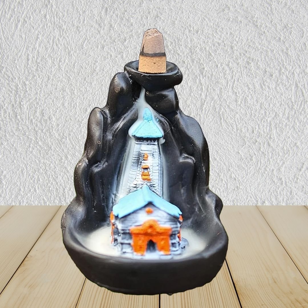 Shree Kedarnath Dham Smoke Fountain Backflow Incense Holder with 10 Free Cones – Polyresin Waterfall Showpiece (Multicolor, 8x9x10 cm)