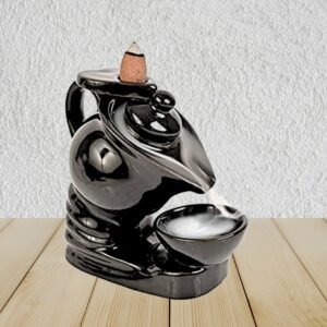 Tea Kettle & Cup Backflow Smoke Fountain Incense Holder with 10 Scented Cones – Polyresin Decorative Burner Showpiece (Black, 10.2x12.5x14 cm)