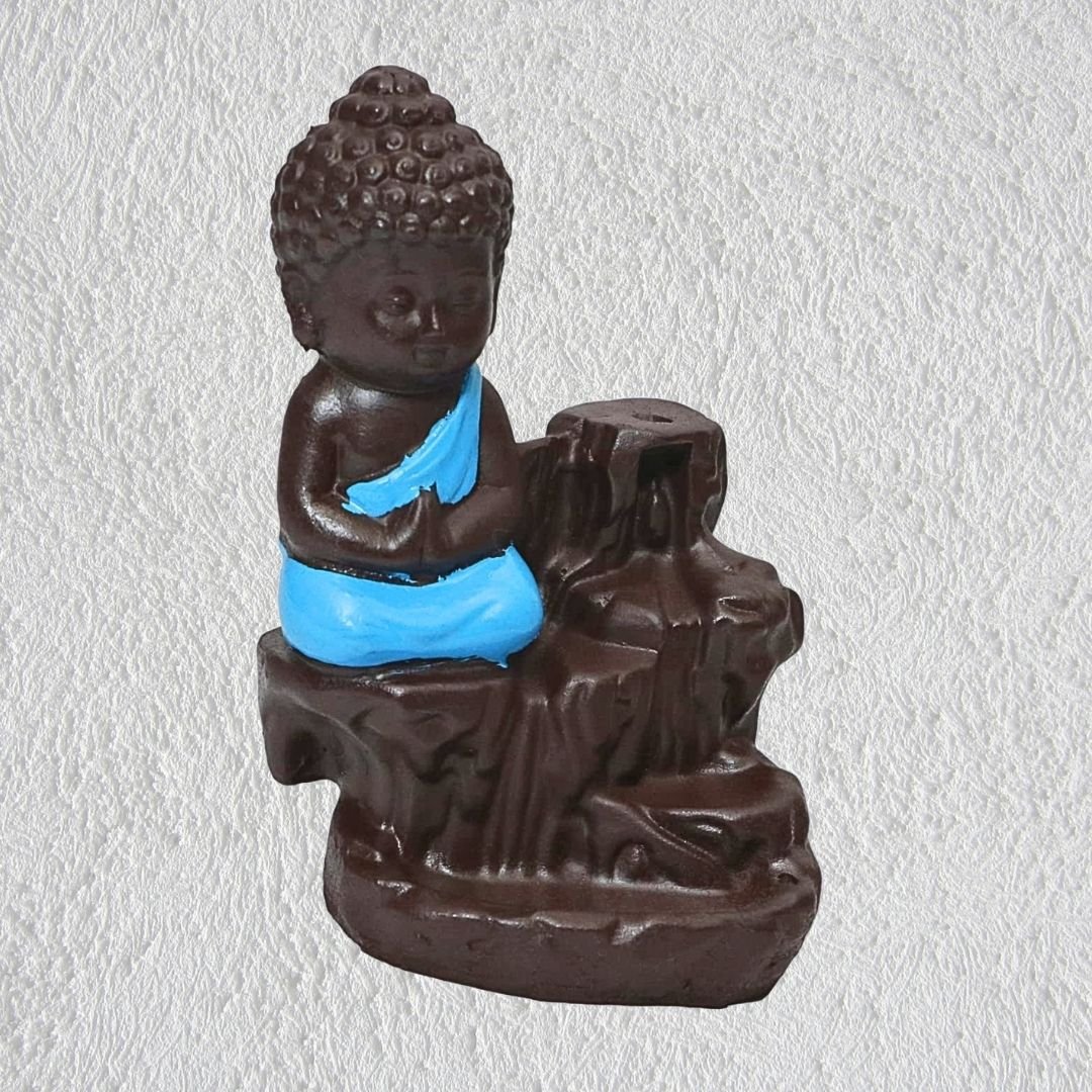 Buddha Monk Backflow Incense Burner with 10 Cones – Ceramic Smoke Waterfall Holder (Blue, Polyresin) - Image 5