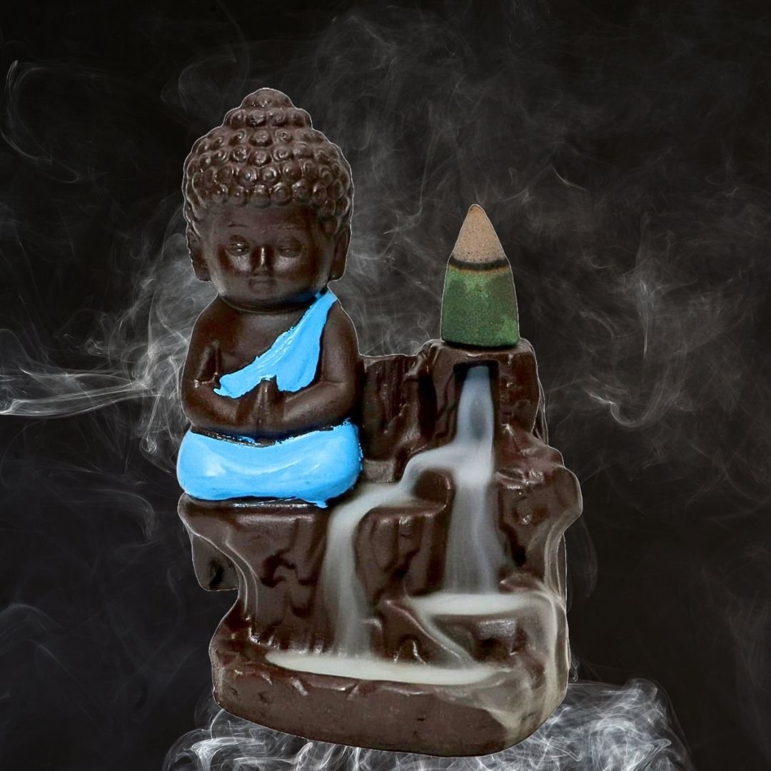 Buddha Monk Backflow Incense Burner with 10 Cones – Ceramic Smoke Waterfall Holder (Blue, Polyresin) - Image 2