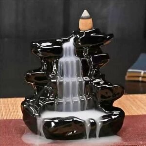 Smoke Fountain Backflow Incense Burner with 10 Free Scented Cones – Waterfall Smoke Jharna Holder for Home, Office & Meditation Decor – Black