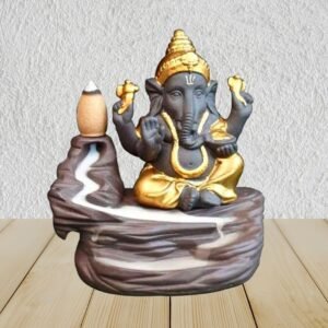 Meditating Ganesha Backflow Smoke Fountain Incense Holder – Golden Decorative Showpiece with 10 Free Scented Cones – Resin Idol for Home Décor & Gifts (10.8 cm)