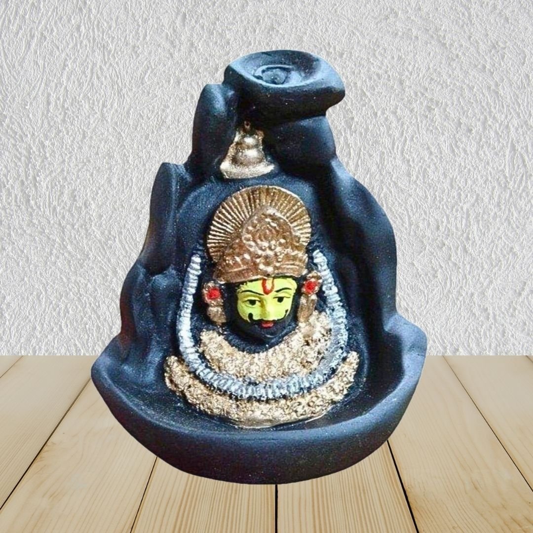 Shree Khatu Shyam Ji Smoke Fountain Backflow Incense Holder with 10 Free Cones – Polyresin Waterfall Showpiece (Multicolor, 8x9x10 cm)