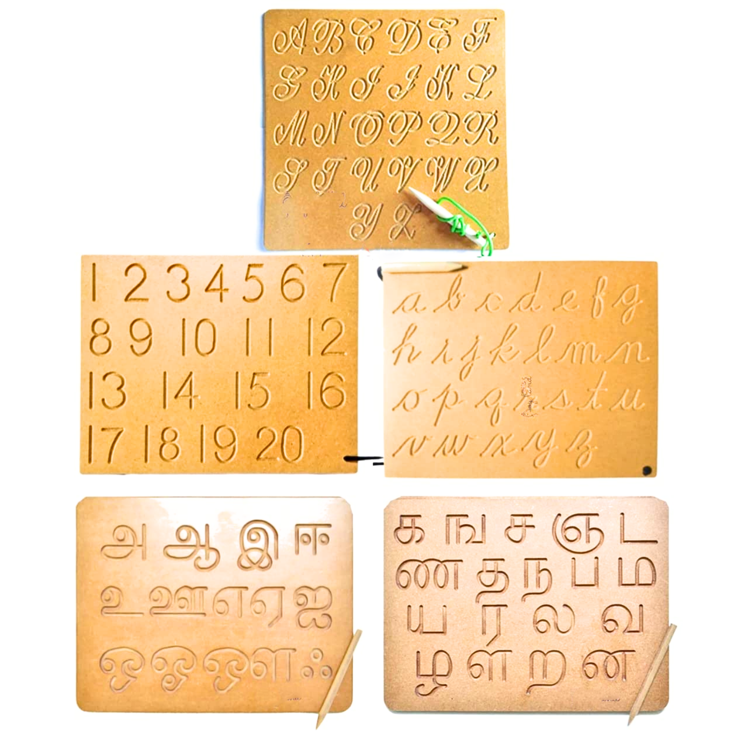 Wooden Tracing Boards Combo – Cursive Capital, Small Letters, Numbers & Tamil Alphabets (Set of 5)