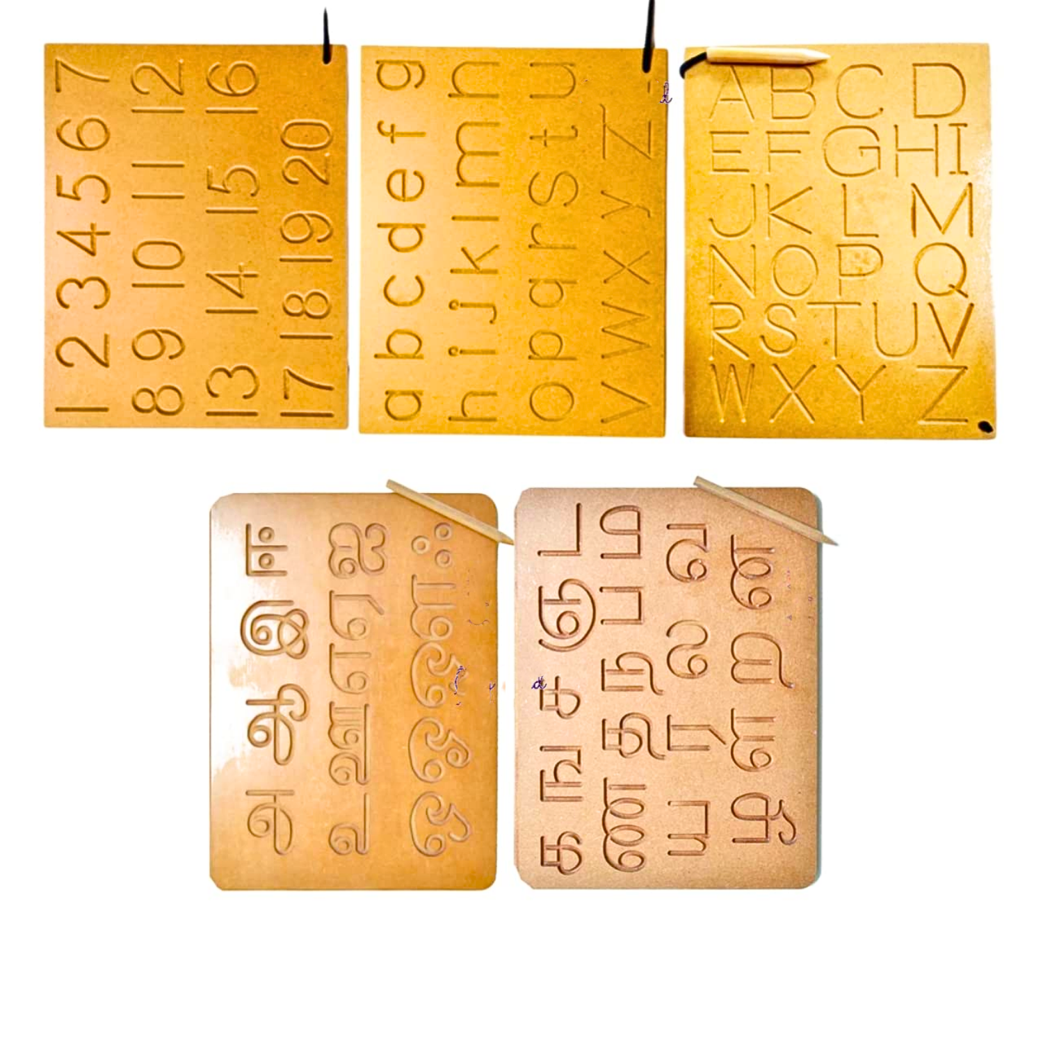 Wooden Tracing Boards Combo – Capital, Small Letters, Numbers & Tamil Alphabets (Set of 5)