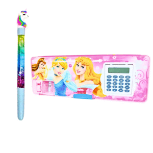 Kids Magnetic Pencil Box with Calculator & Dual Sharpener Princess – Free Glitter Pen
