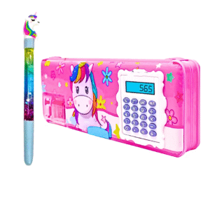 Kids Magnetic Pencil Box with Calculator & Dual Sharpener Cute Unicorn – Free Glitter Pen