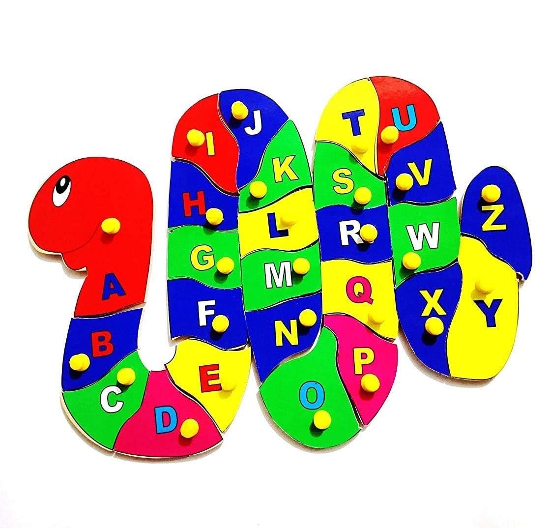 ABC Snake Wooden Alphabet Puzzle Board with Knobs – Colorful Educational Toy for Toddlers 2+ (Made in India)