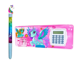 Kids Magnetic Pencil Box with Calculator & Dual Sharpener Flying Unicorn – Free Glitter Pen