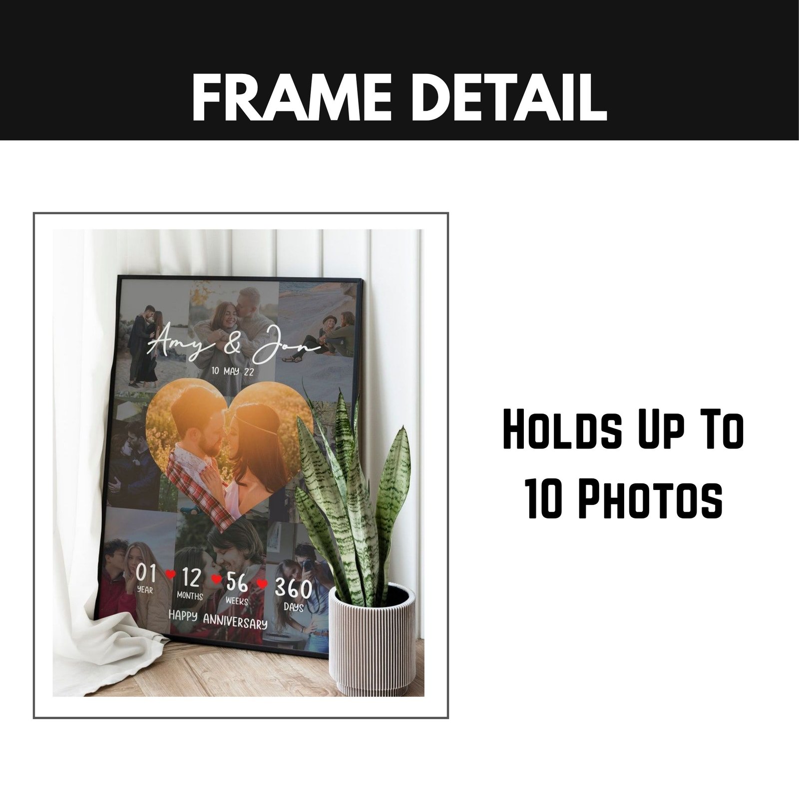 Personalized Anniversary Photo Collage Frame – Custom Couple Name & Date | Romantic Gift for Him & Her | 1st Year Anniversary Keepsake Wall Art - Image 3