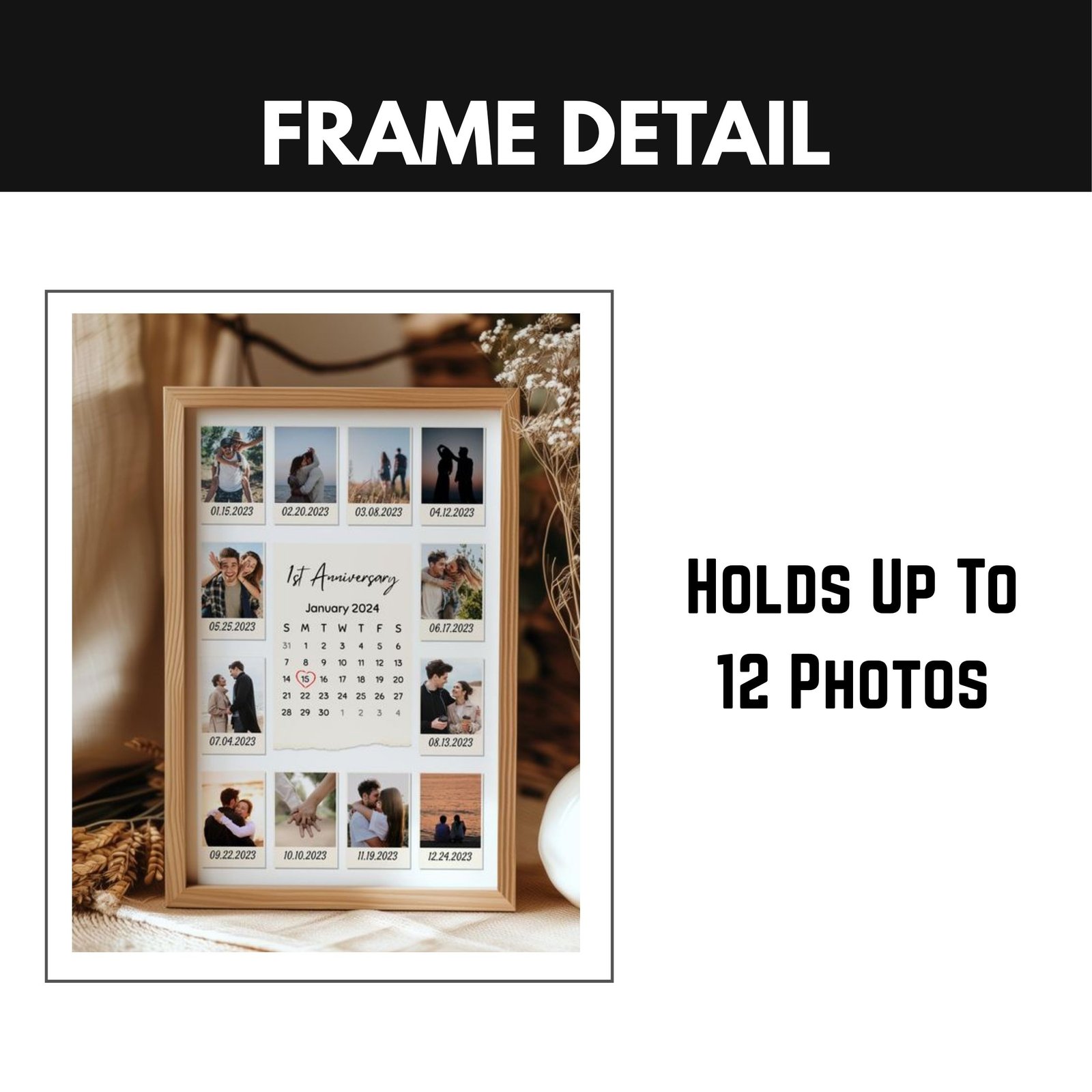 Personalized Anniversary Photo Collage Frame with Calendar – Custom 12 Photos & Special Date Highlight | Romantic Gift for Couples, Wife, Husband & Weddings - Image 3