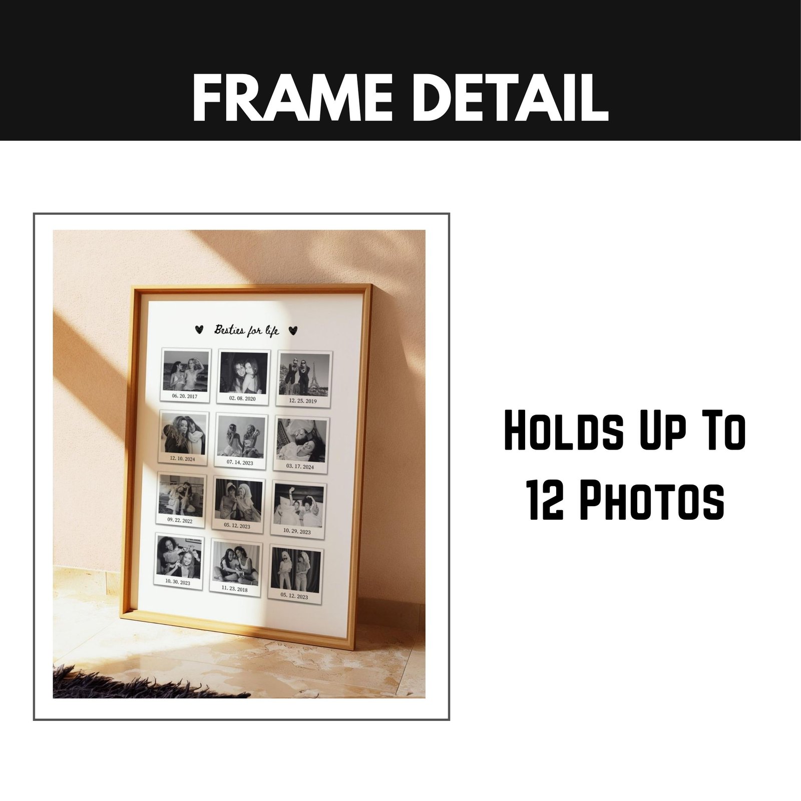 Personalized “Besties for Life” Photo Collage Frame – 12 Custom Photos with Dates | Friendship Memory Frame | Perfect Gift for Best Friends, Birthdays & Anniversaries - Image 3