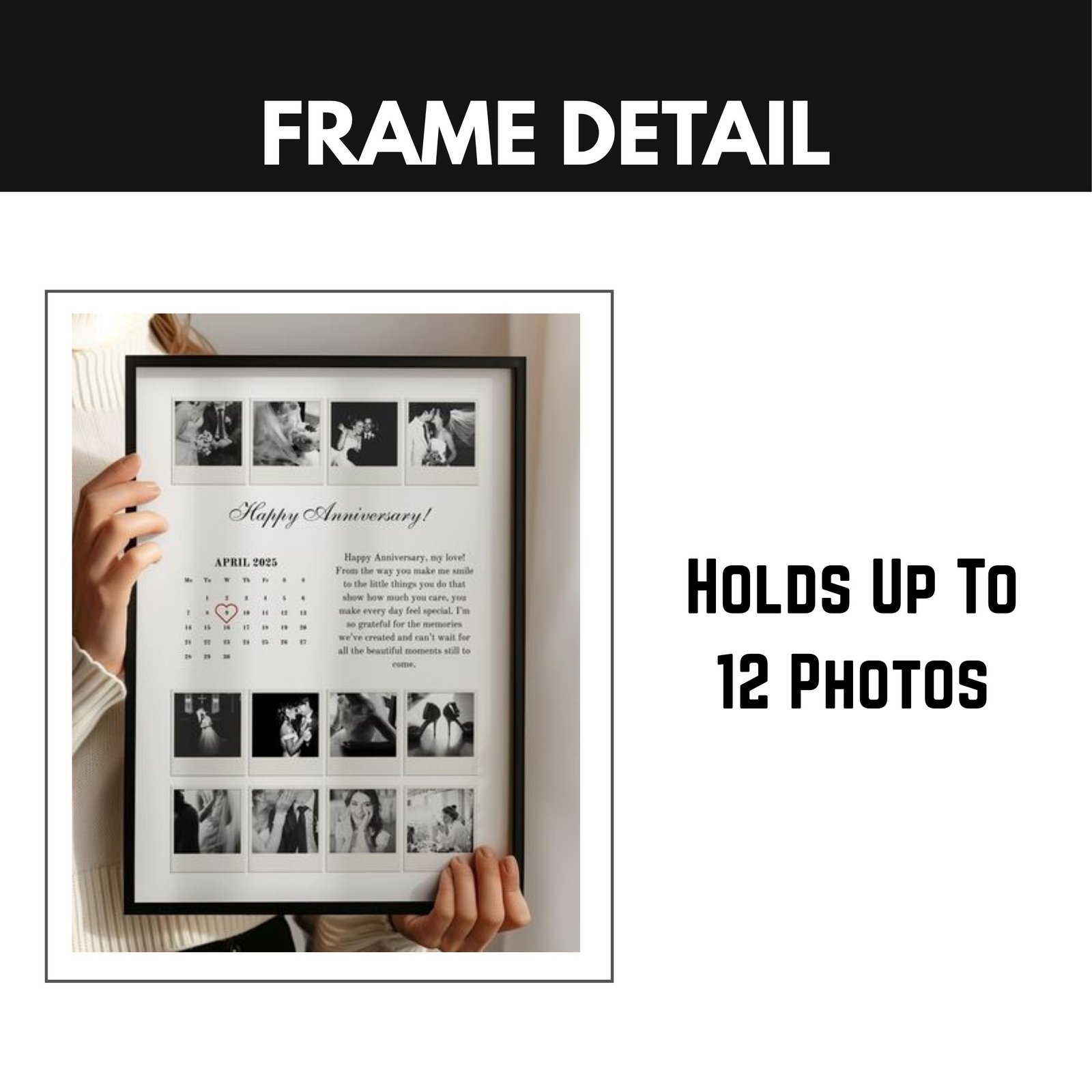Personalized Anniversary Calendar Frame with Photos & Custom Date | Elegant Couple Gift | Wedding Memory Keepsake | Romantic Wall Décor - Image 3