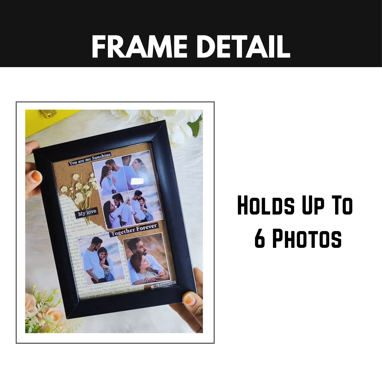 Personalized “You Are My Sunshine” Photo Frame – Custom Couple Collage Frame with Dried Flowers | Romantic Gift for Him & Her | Together Forever Keepsake - Image 4