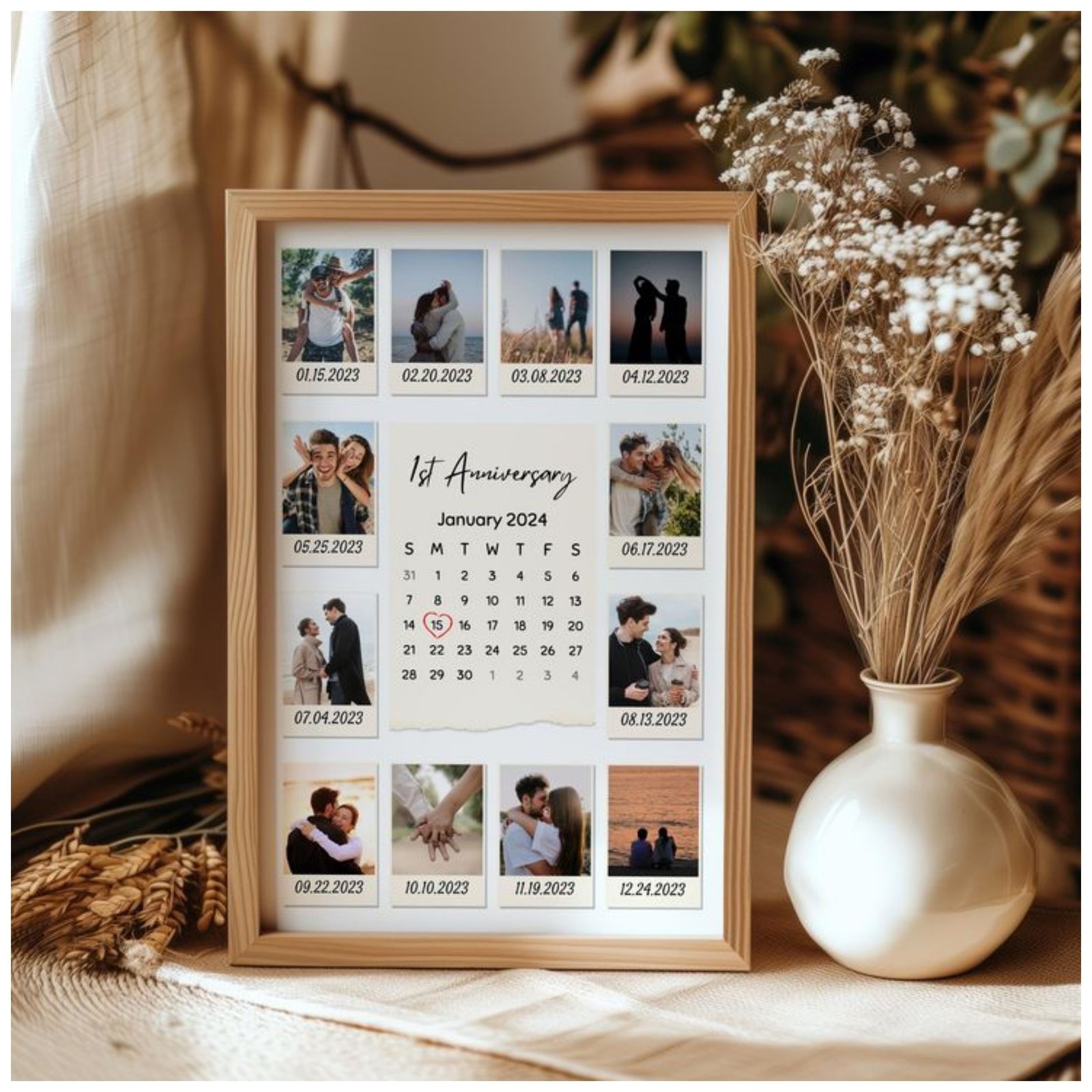Personalized Anniversary Photo Collage Frame with Calendar – Custom 12 Photos & Special Date Highlight | Romantic Gift for Couples, Wife, Husband & Weddings
